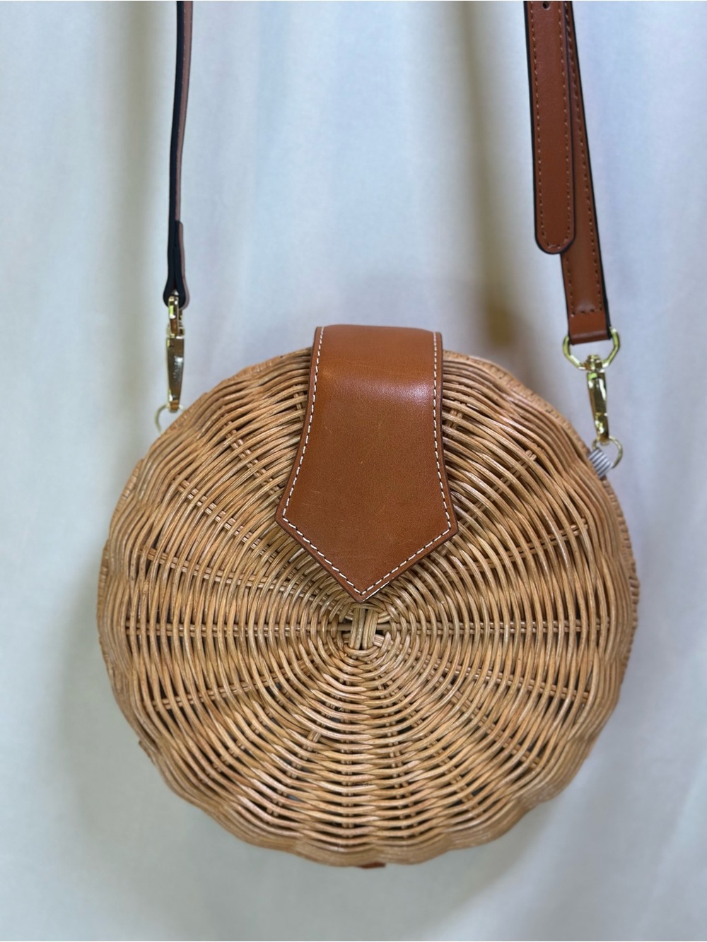 J. McLaughlin round wicker Romina Crossbody Bag in Tan coastal grandma style